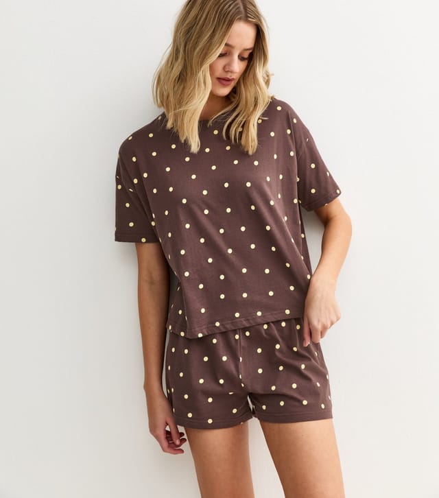 New Look Women's Brown Polka Dot Top and Shorts Pyjama Set New Look - 2