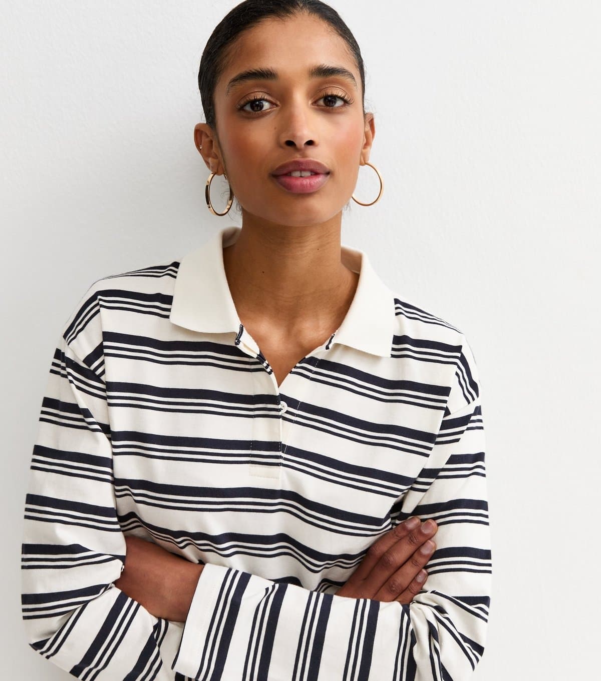 New Look Women's Cream Cotton Striped Long Sleeve Rugby Top New Look