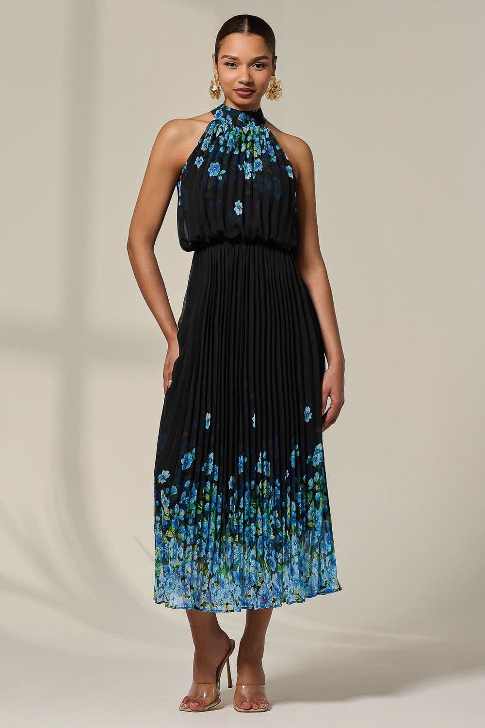 Jolie Moi Jolie Moi Women's Pleated Halterneck Maxi Dress in Mid Blue