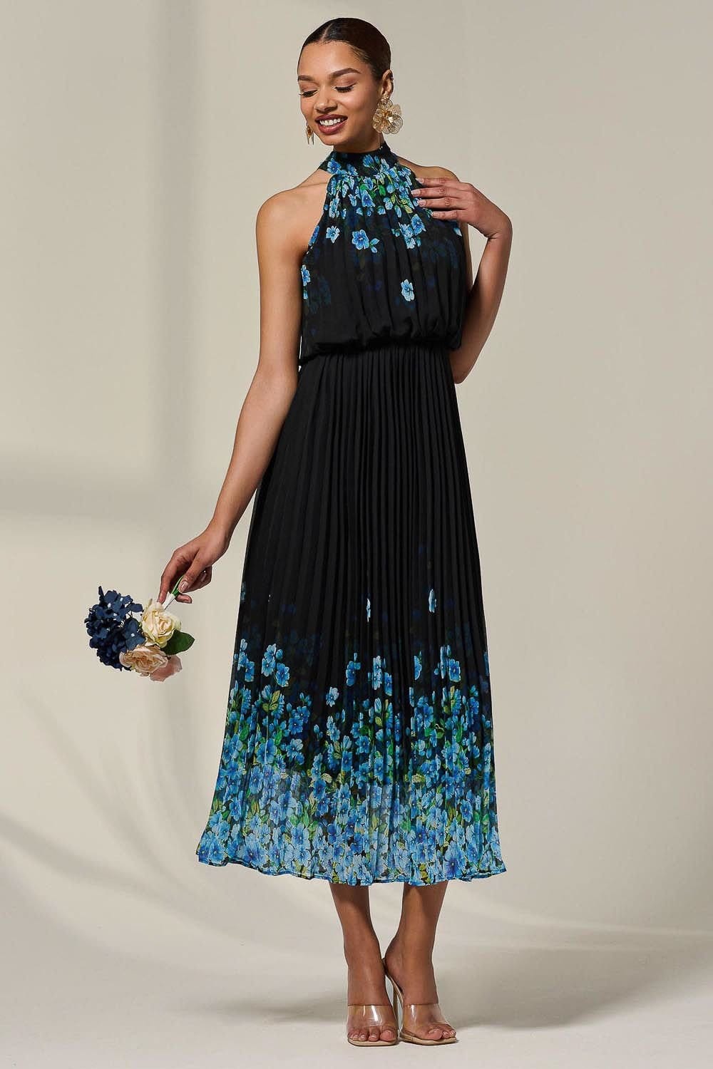 Jolie Moi Jolie Moi Women's Pleated Halterneck Maxi Dress in Mid Blue - 4