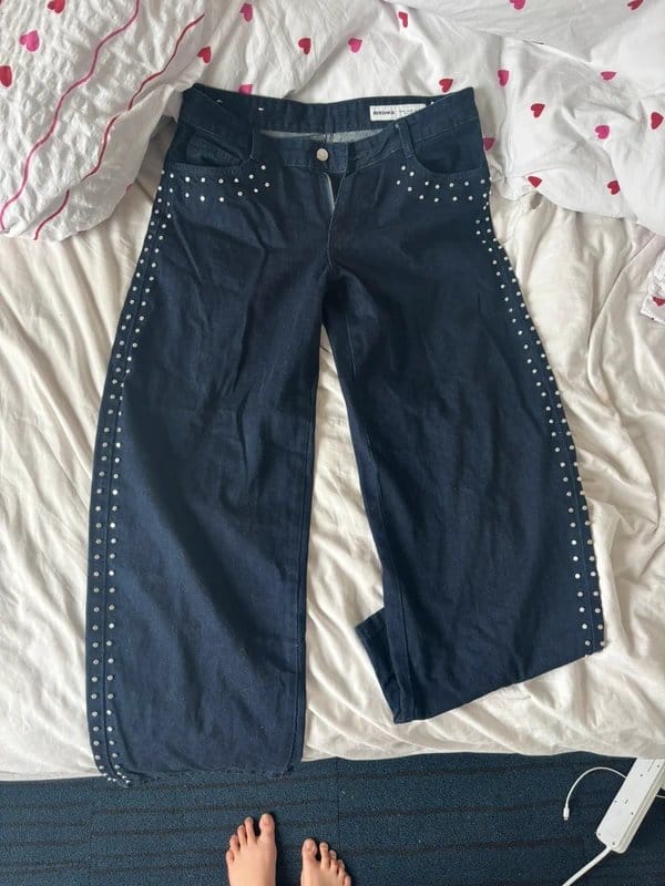 Bershka Navy Studded Jeans