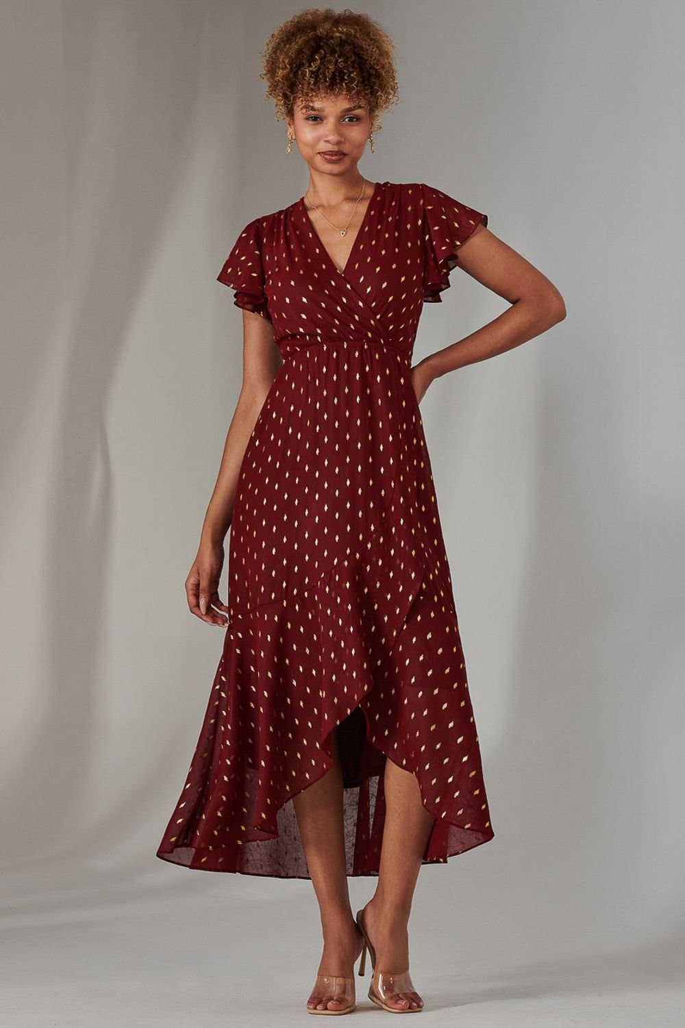 Jolie Moi Jolie Moi Women's Metallic Spot Textured Chiffon Maxi Dres in Burgundy