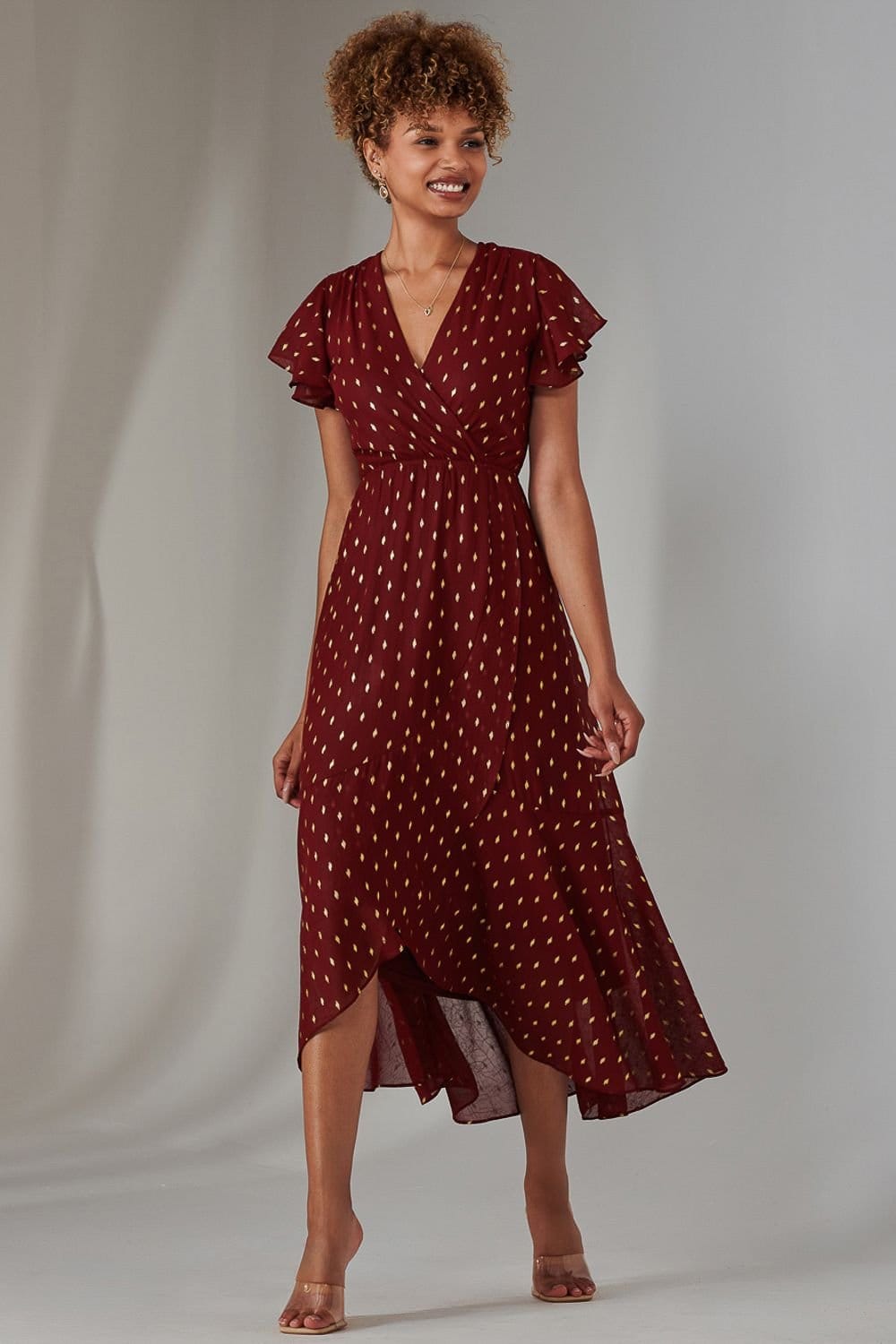 Jolie Moi Jolie Moi Women's Metallic Spot Textured Chiffon Maxi Dres in Burgundy - 4