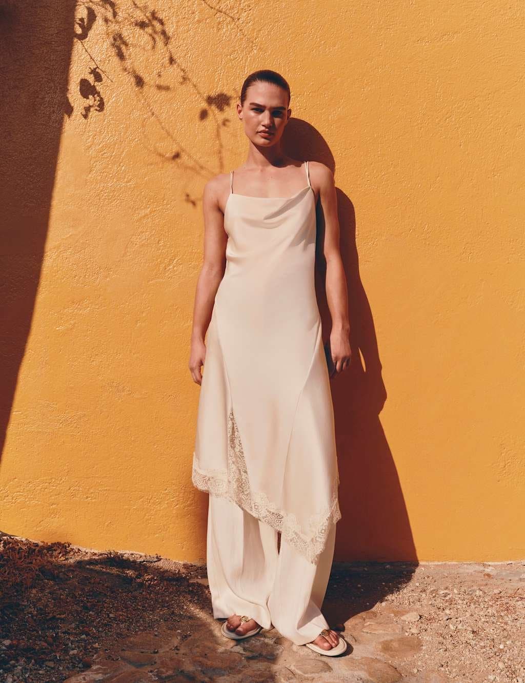 Marks & Spencer M&S Satin Cowl Neck Lace Insert Midi Slip Dress Ivory