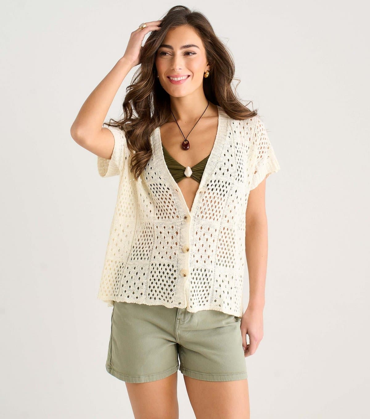 Gini London Women's Cream Crochet Button Front Cardigan Gini London New Look