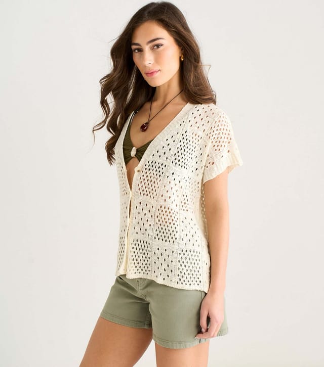 Gini London Women's Cream Crochet Button Front Cardigan Gini London New Look - 3