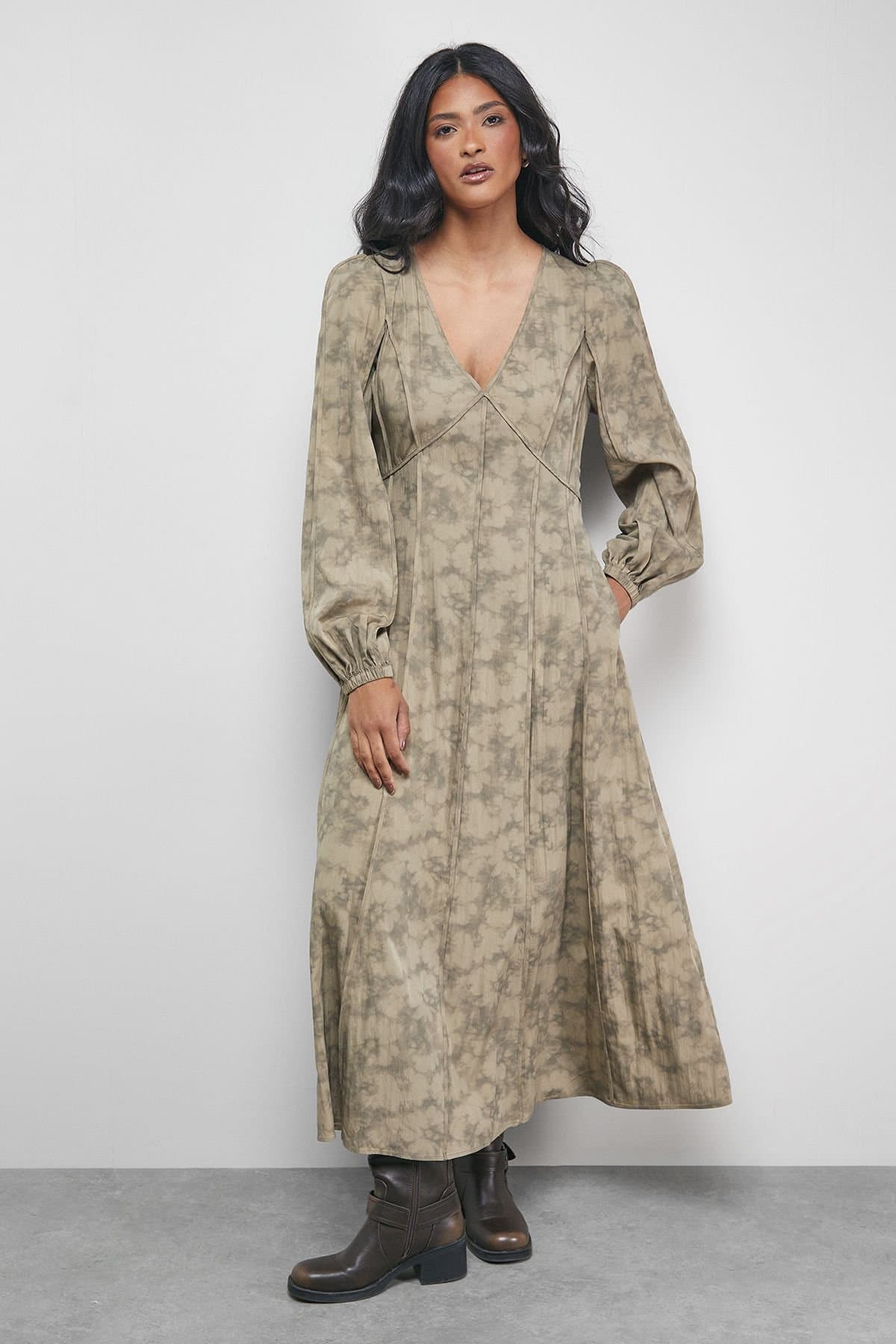 Warehouse Warehouse Women's Washed Seam Detail Plunge Neck Midi Dress in Brown