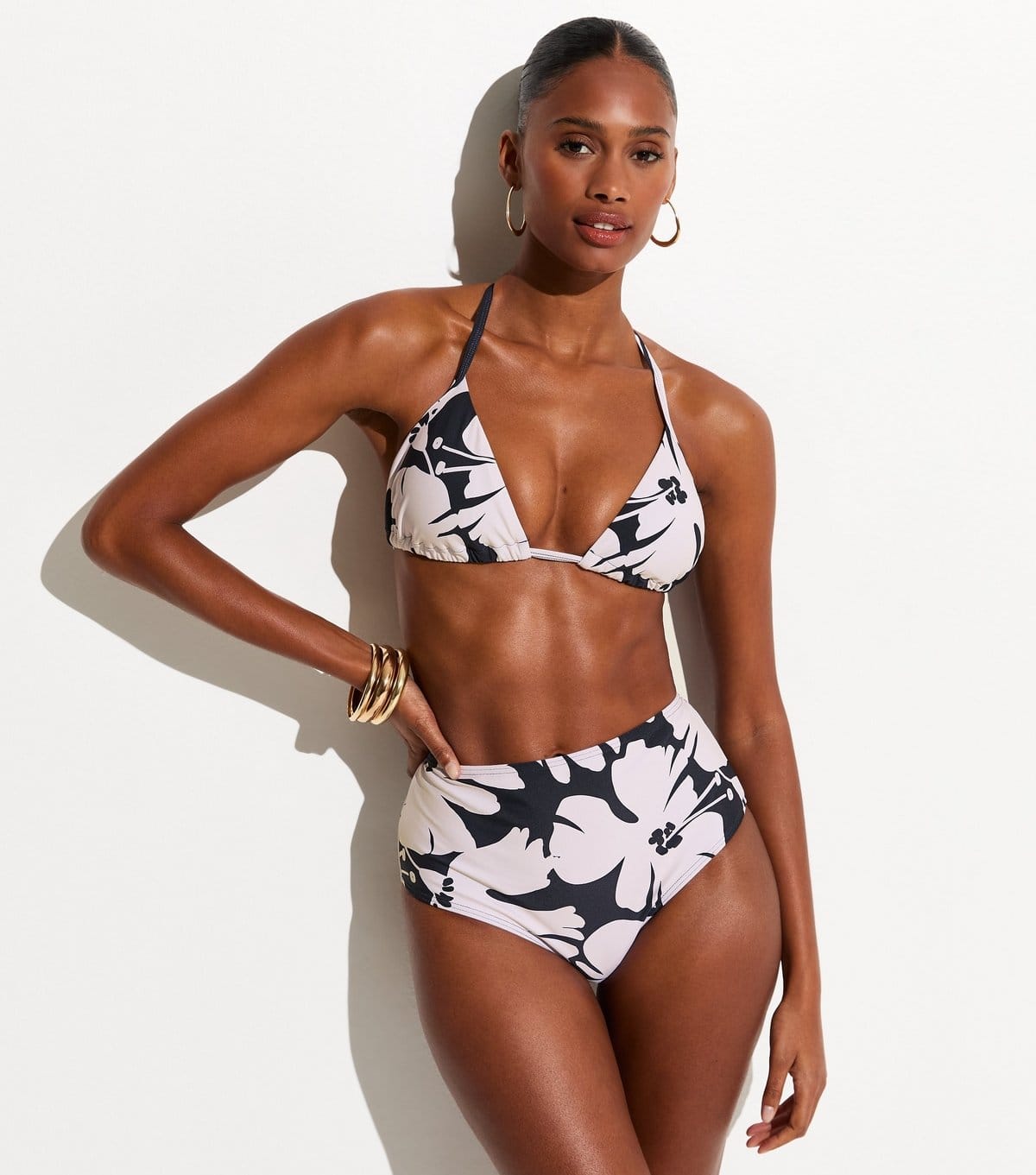 New Look Black Hibiscus Print High Waist Bikini Bottoms