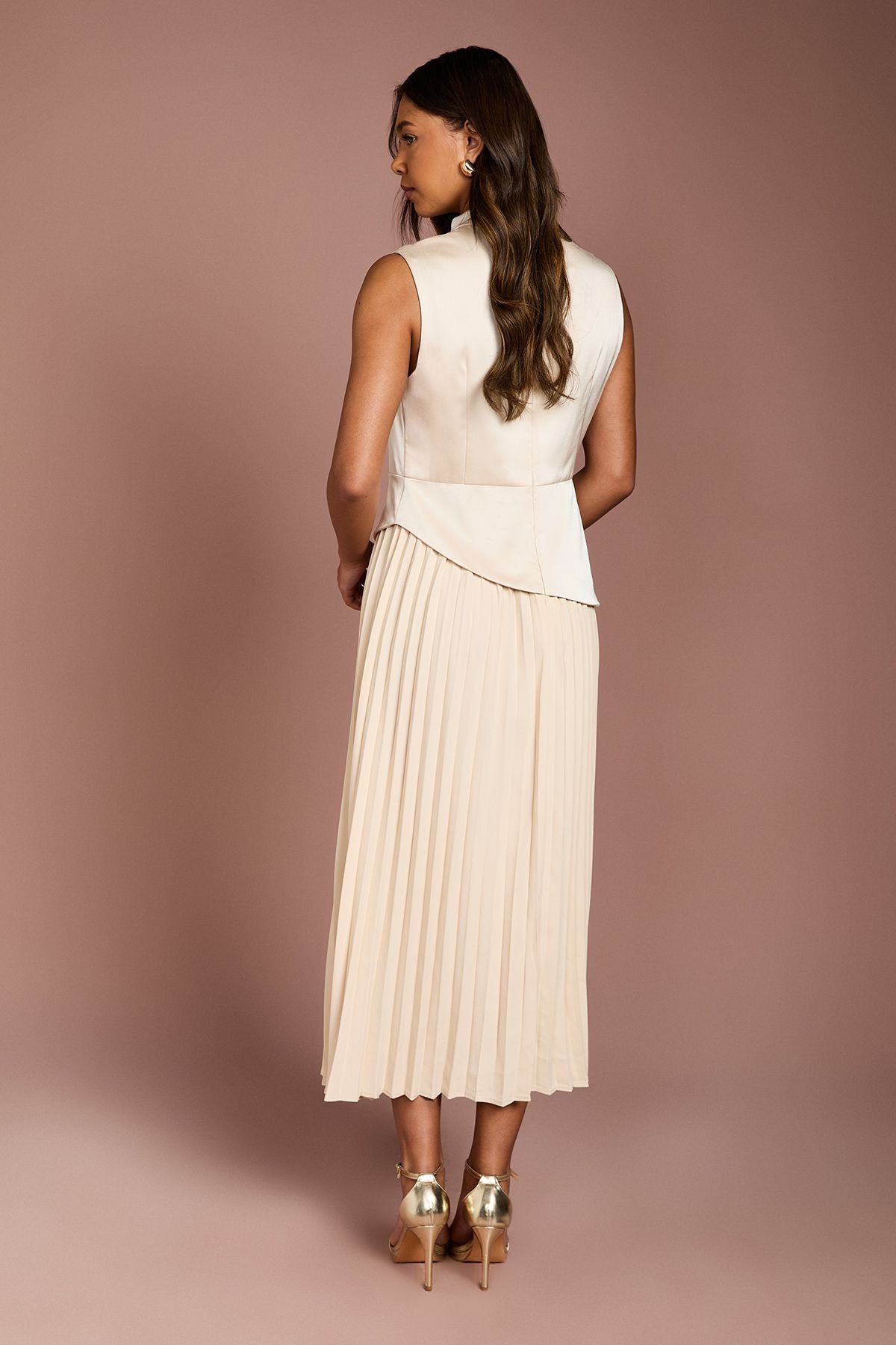 Coast Coast Women's Drape High Neck Pleated Skirt Midi Dress in Champagne - 3