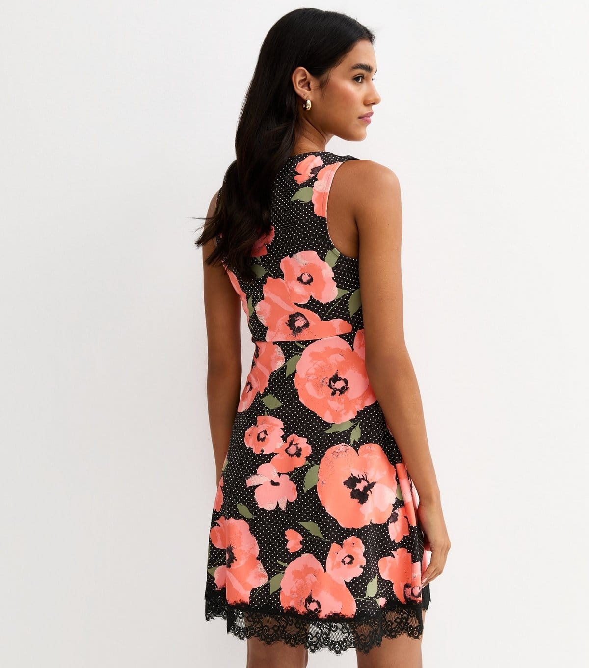New Look Women's Black Polka Dot Floral V-neck Lace Trim Mini Dress New Look - 4