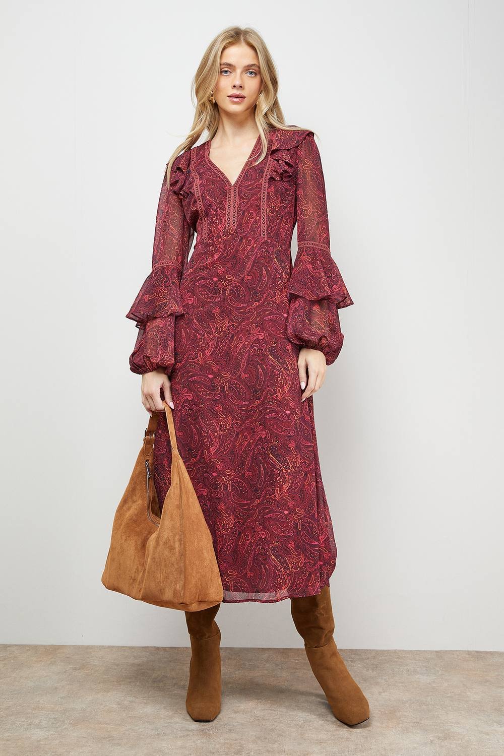 Oasis Oasis Women's Printed Trim Detail Frill Shoulder Midi Tea Dress - 2