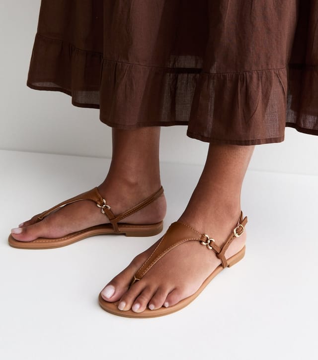 New Look Women's Tan Faux Leather Toe Post Sandals Vegan New Look - 2