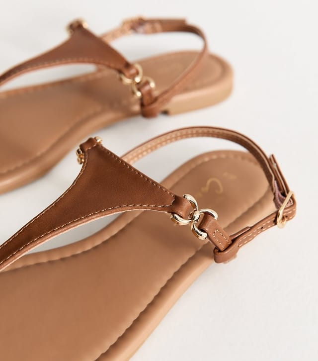 New Look Women's Tan Faux Leather Toe Post Sandals Vegan New Look - 3