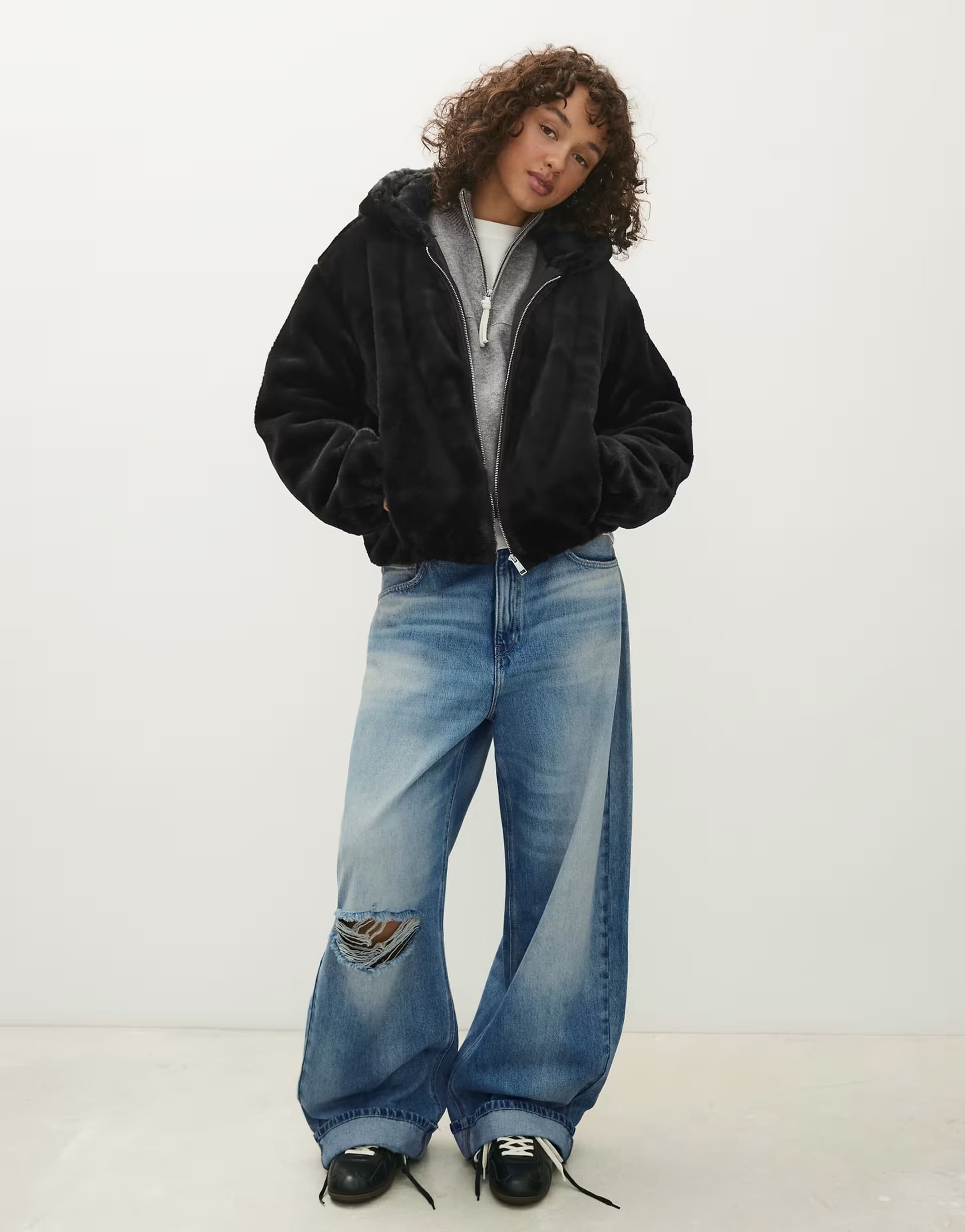ASOS Bershka Hooded jacket with fur in black