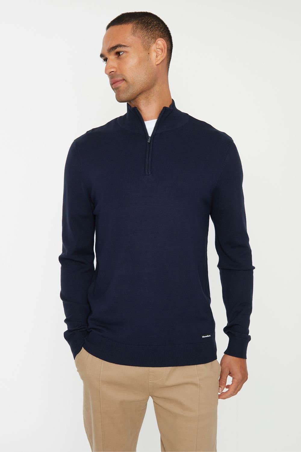 Threadbare Threadbare Men's 'Tucci' Funnel Neck Quarter Zip Knitted Jumper in Navy