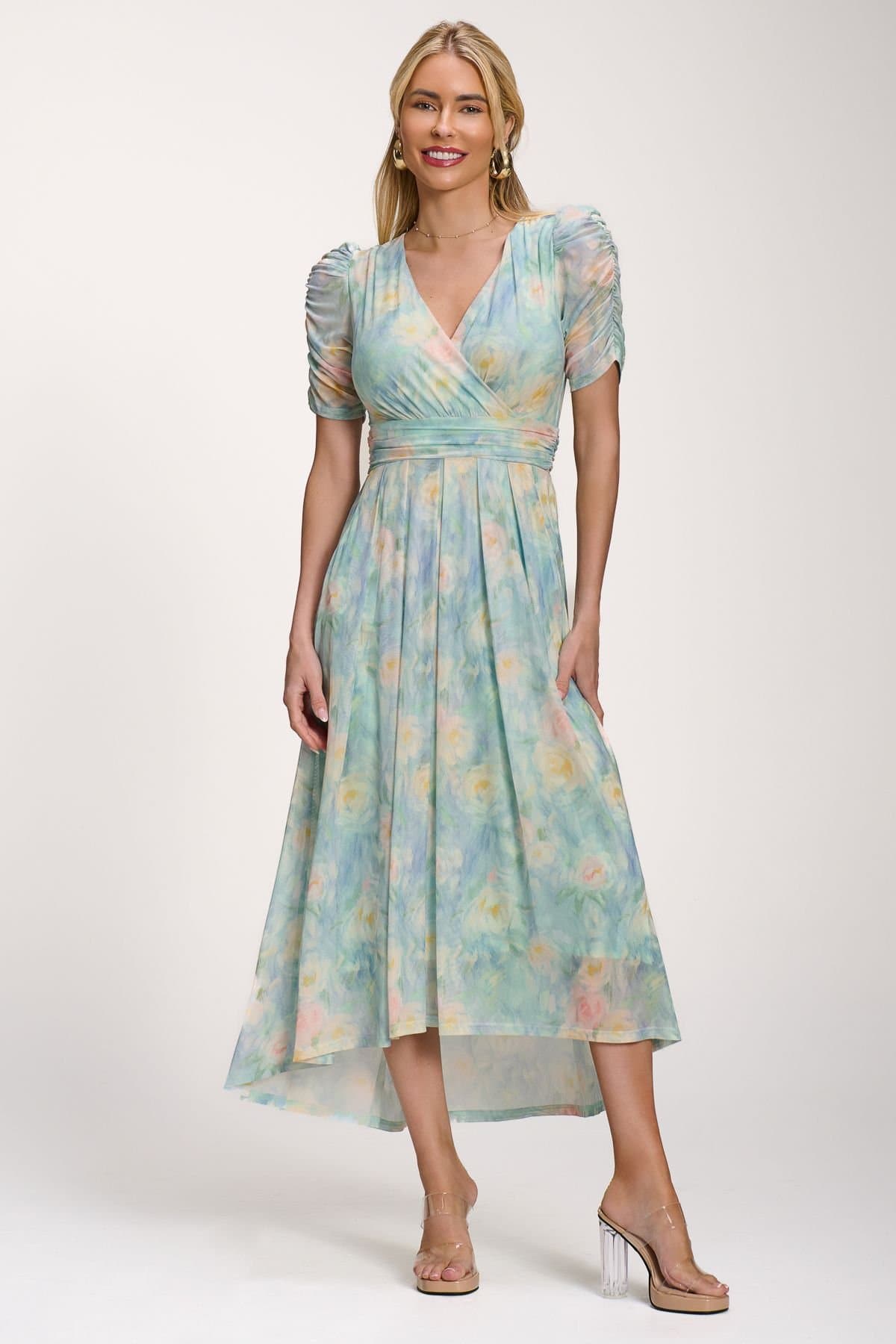Jolie Moi Jolie Moi Women's Petite Mesh Print Dip Hem Maxi Dress in Pale Green