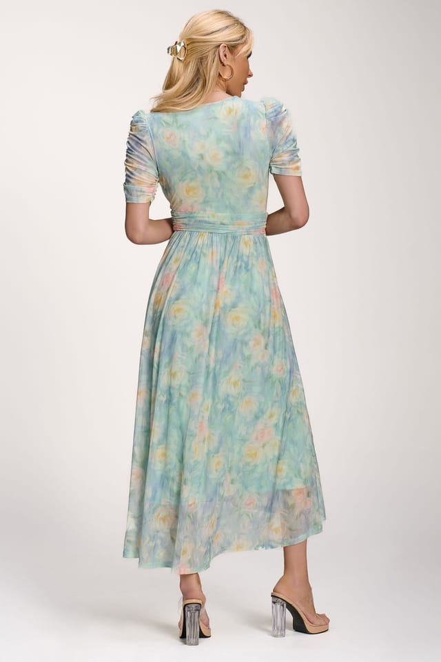 Jolie Moi Jolie Moi Women's Petite Mesh Print Dip Hem Maxi Dress in Pale Green - 2