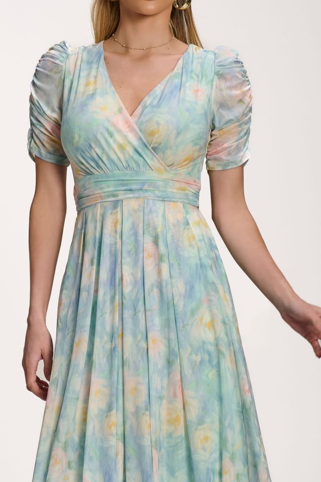 Jolie Moi Jolie Moi Women's Petite Mesh Print Dip Hem Maxi Dress in Pale Green - 3