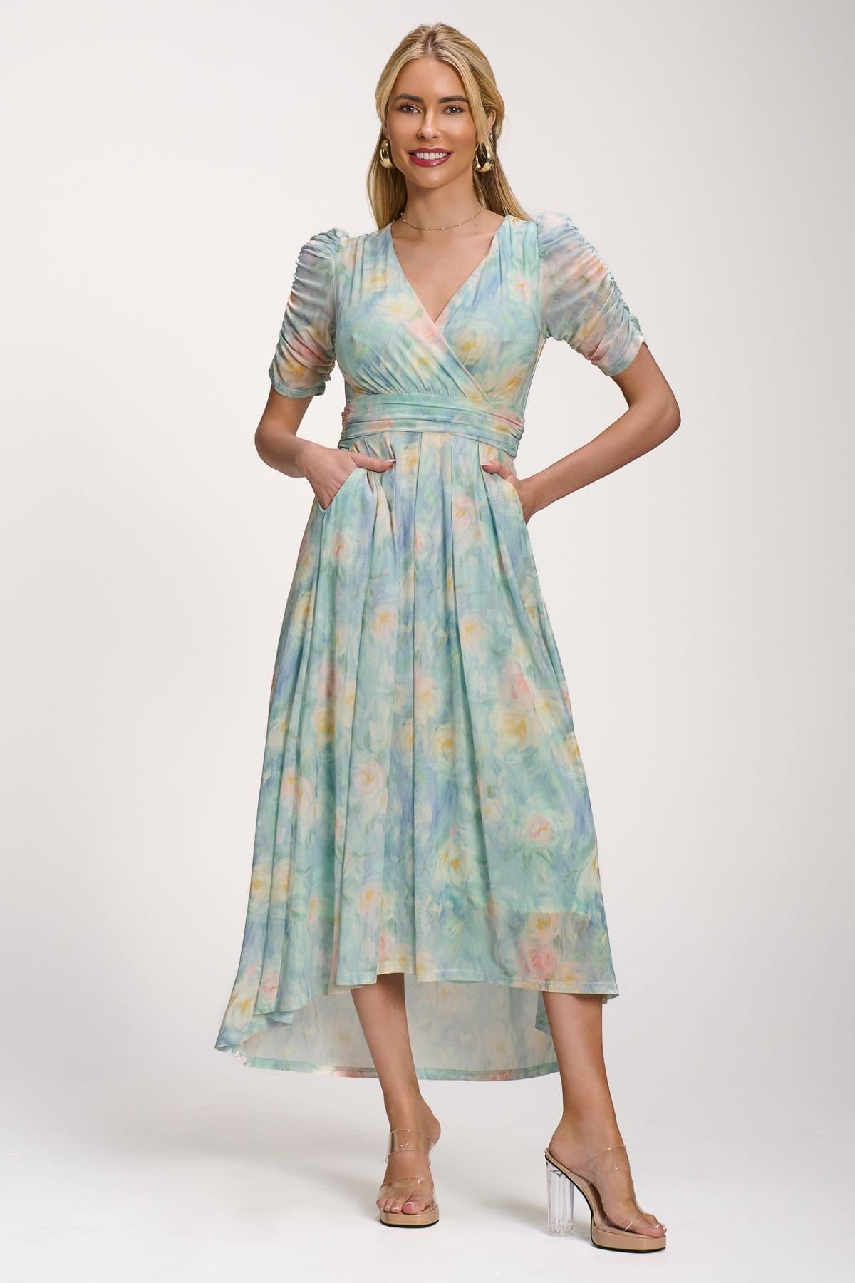 Jolie Moi Jolie Moi Women's Petite Mesh Print Dip Hem Maxi Dress in Pale Green - 4