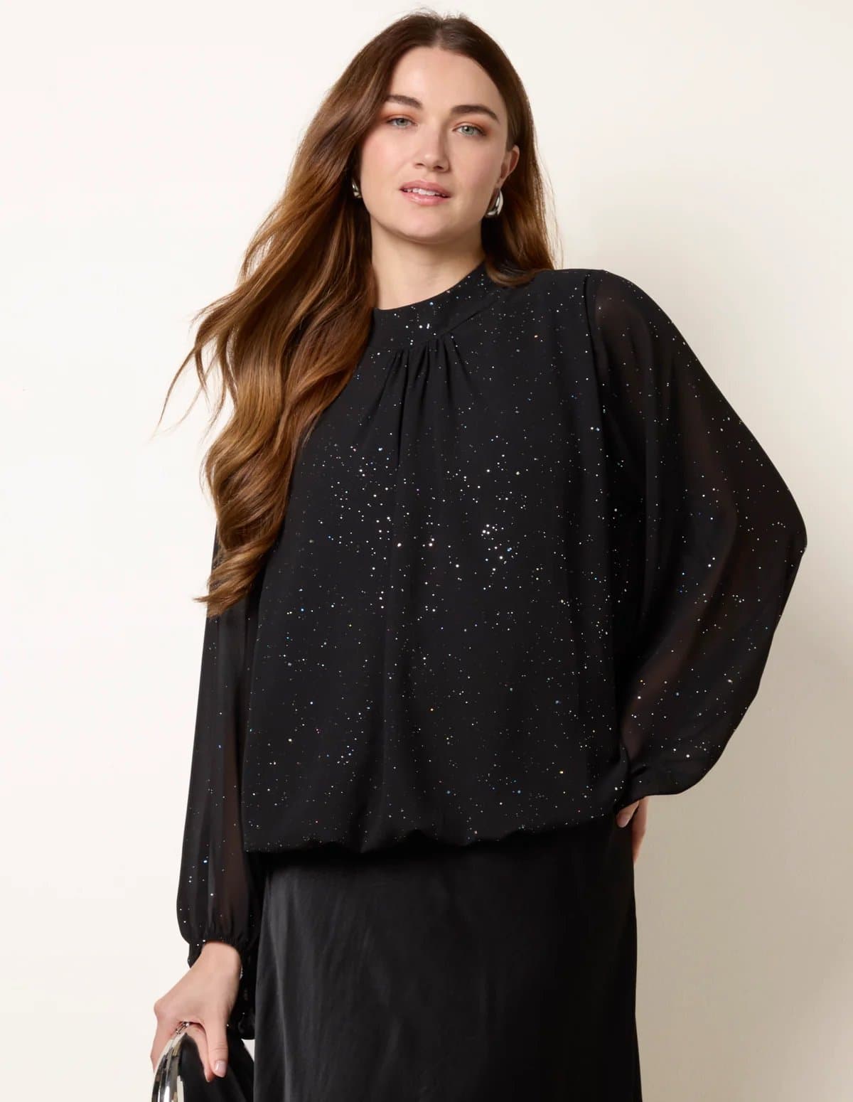 Blue Vanilla Metallic Sparkle Chiffon High Neck Puffball Top