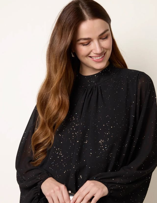 Blue Vanilla Metallic Sparkle Chiffon High Neck Puffball Top - 3