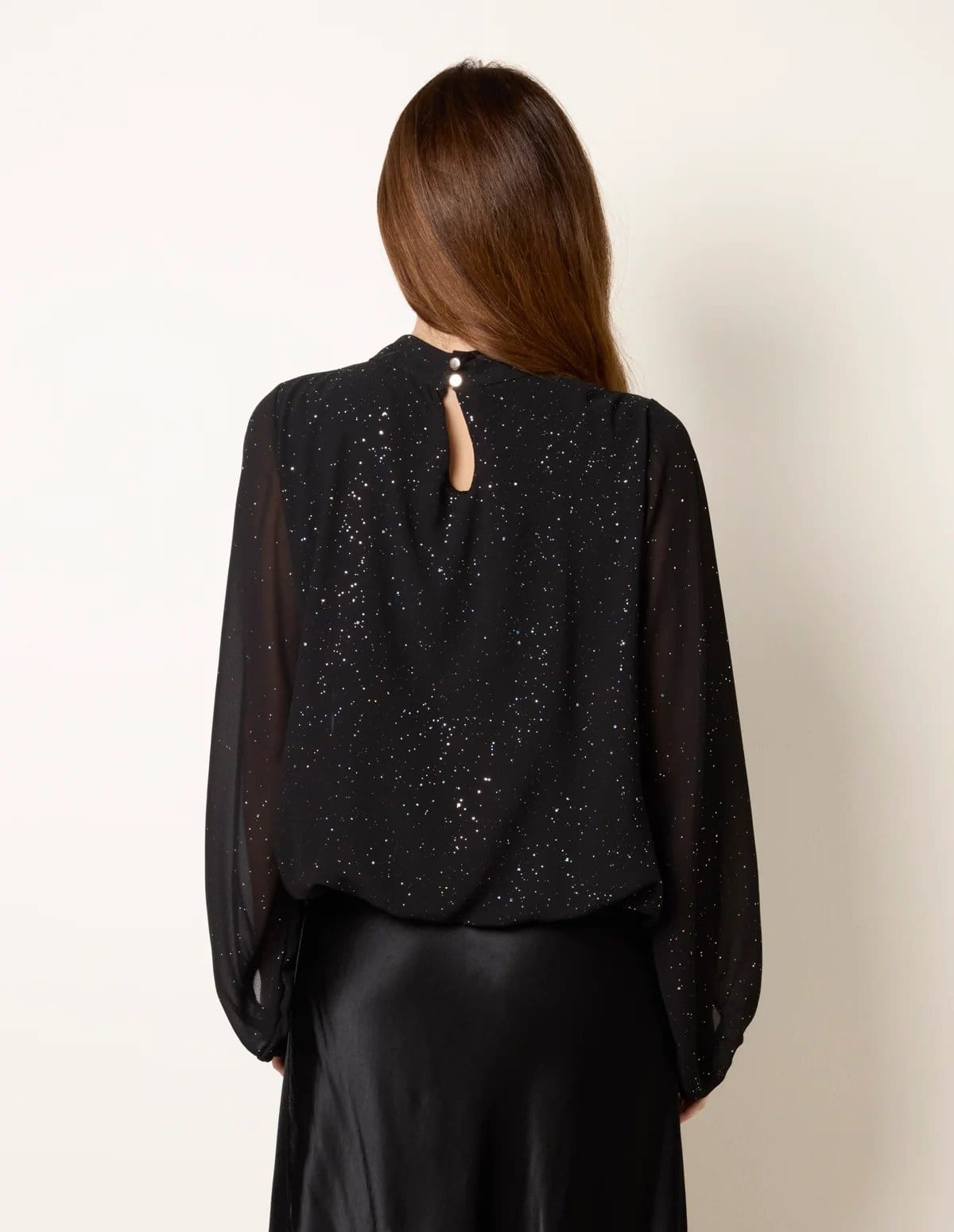 Blue Vanilla Metallic Sparkle Chiffon High Neck Puffball Top - 4