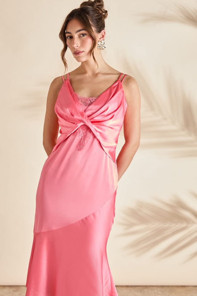 Coast Coast Women's Lace Insert Satin Fitted Dress in Peach - 2