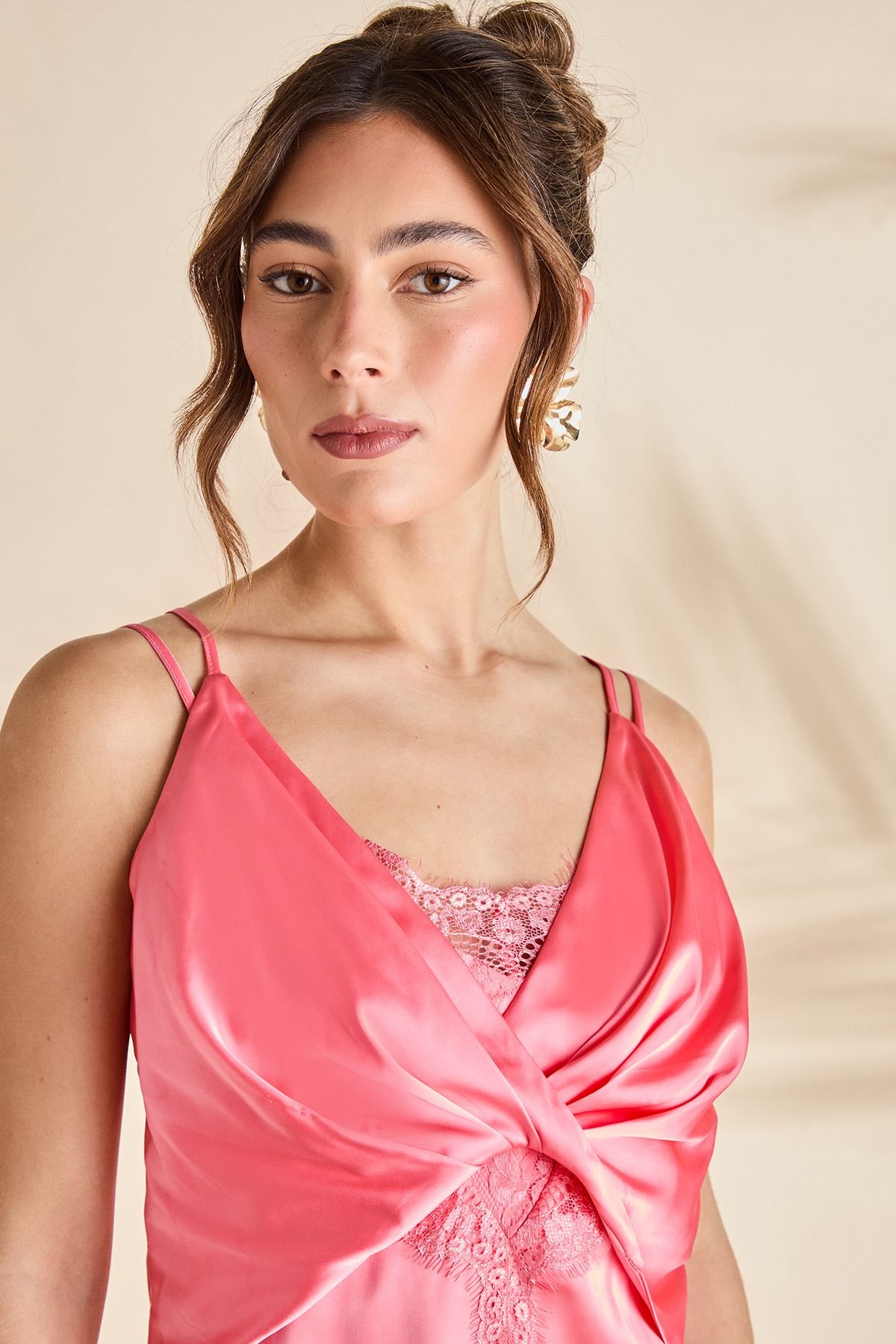 Coast Coast Women's Lace Insert Satin Fitted Dress in Peach - 4