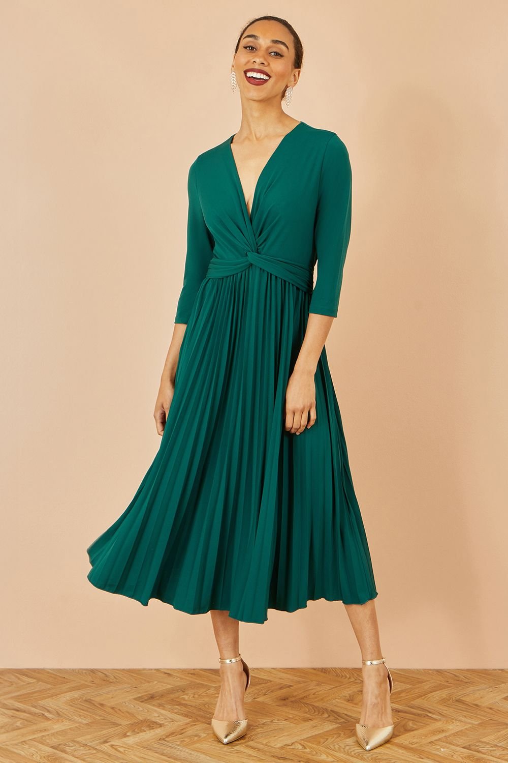 Yumi Yumi Women's Green Jersey Knot Waist Pleated Midi Dress - 3