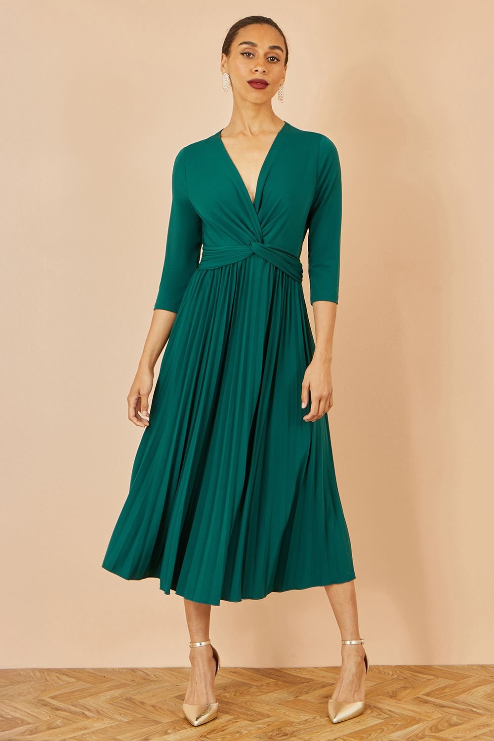 Yumi Yumi Women's Green Jersey Knot Waist Pleated Midi Dress - 4