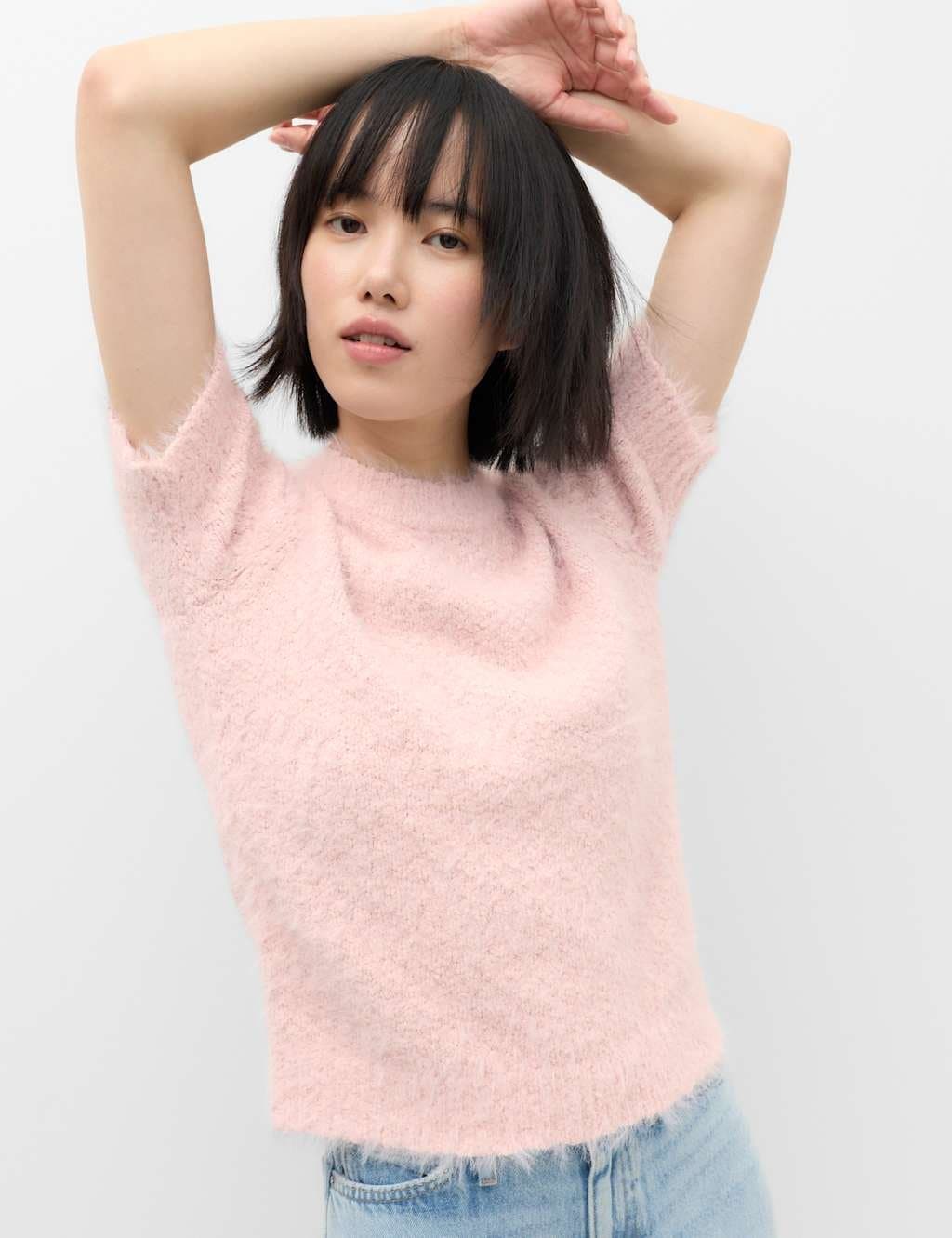 Marks & Spencer M&S Textured Crew Neck Slim Fit Knitted Top Pale Pink