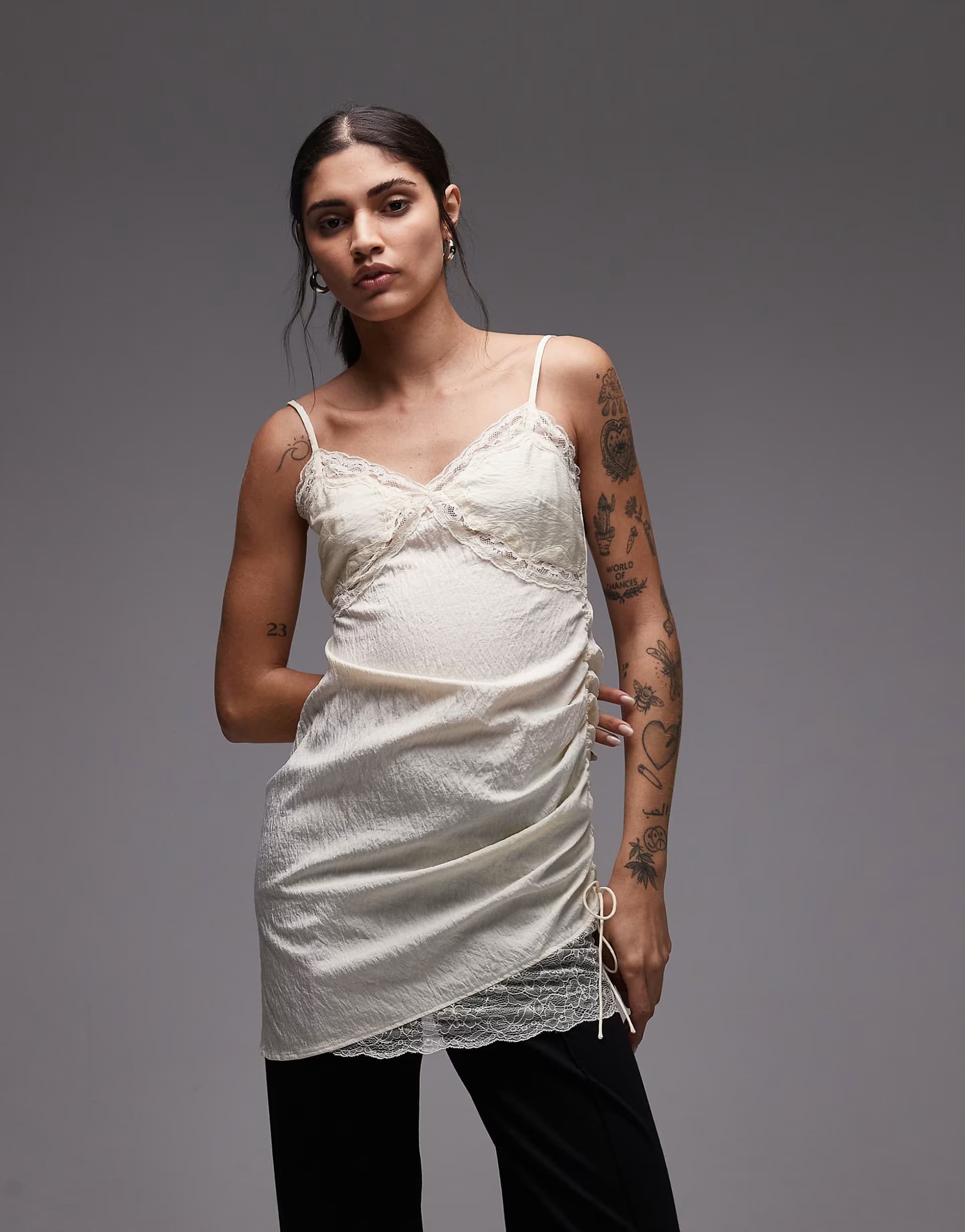 ASOS ASOS DESIGN cami lace trim satin slip mini dress in cream