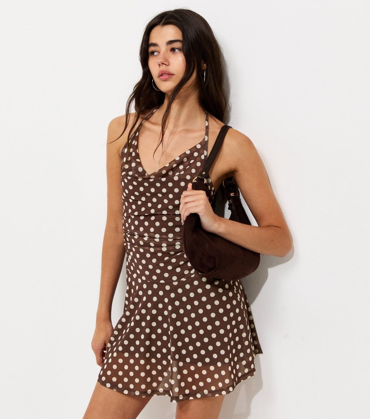 New Look Brown Mesh Polka Dot Halter Neck Mini Dress