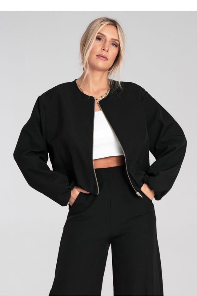 Love Lace Love Lace Women's Casual Zip Front Cropped Round Neck Jacket in Black - 2
