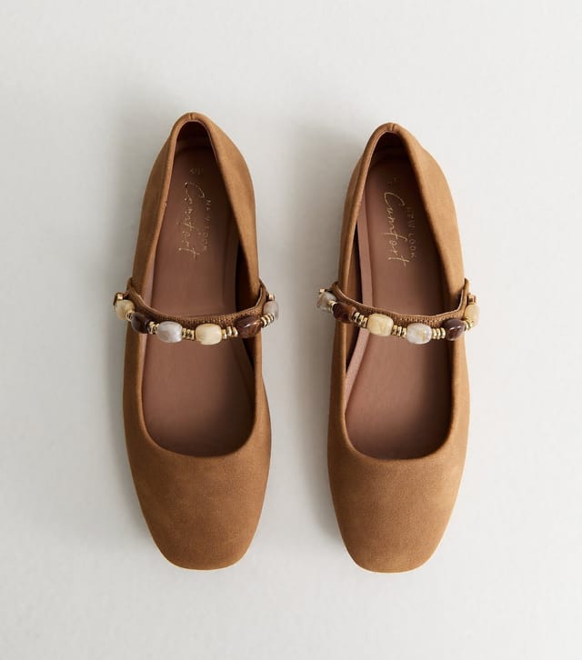 New Look Women's Tan Faux Suede Beaded Square Toe Ballerina Pumps Vegan New Look - 2