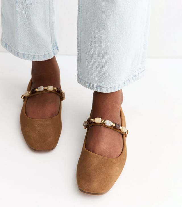 New Look Women's Tan Faux Suede Beaded Square Toe Ballerina Pumps Vegan New Look - 3