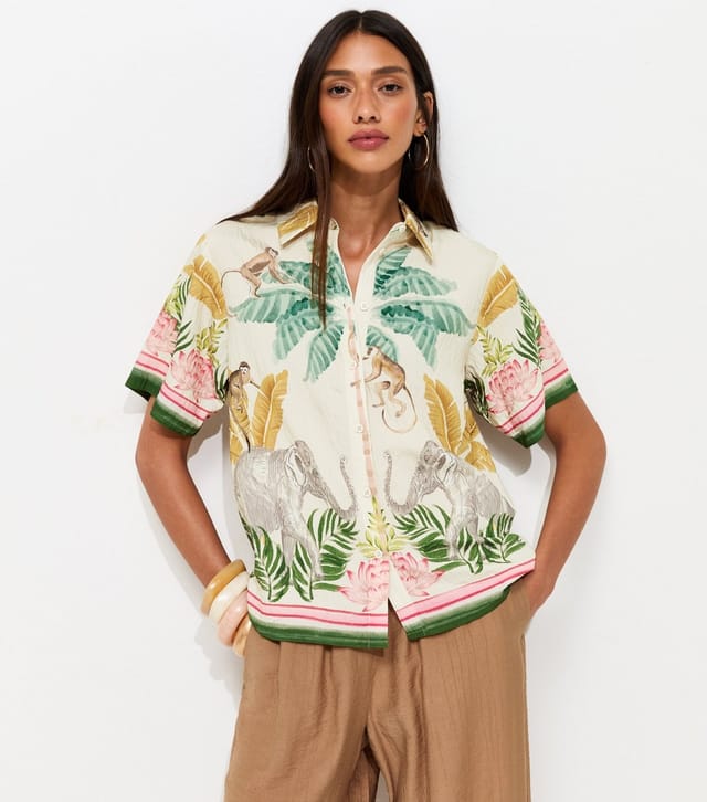 New Look Women's Cream Tropical Print Short Sleeve Shirt New Look - 3