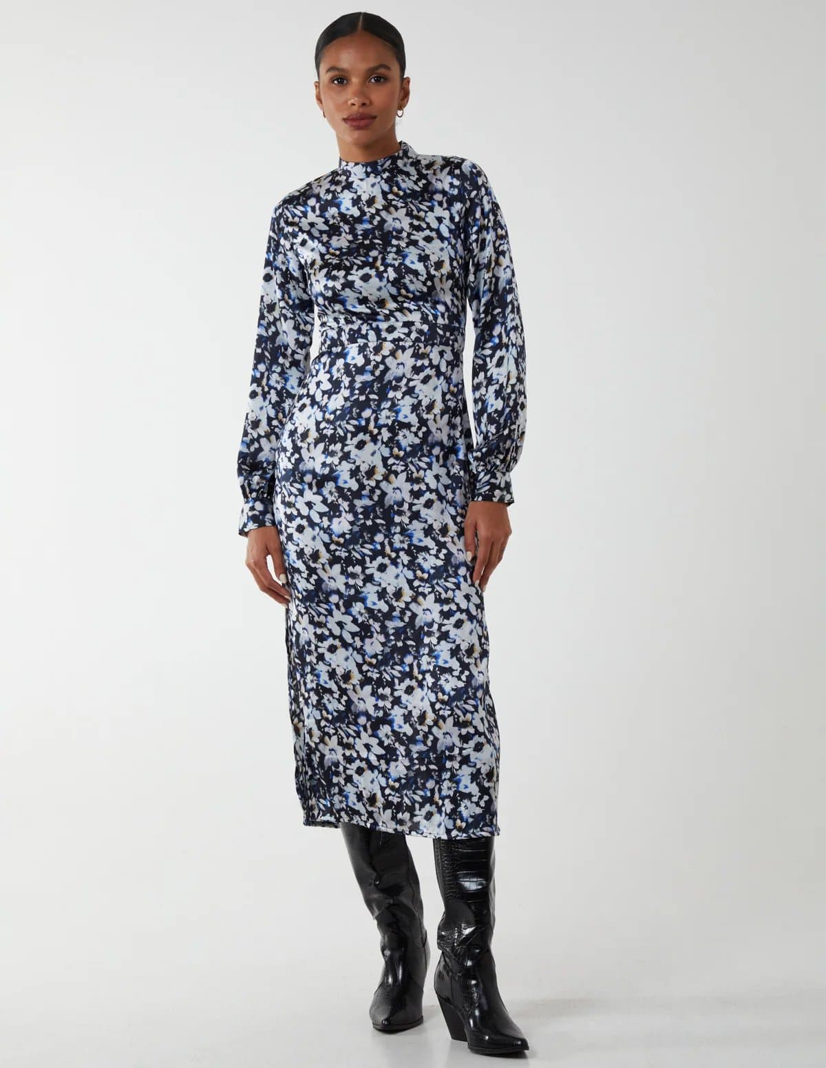 Blue Vanilla Floral Print High Neck Dress