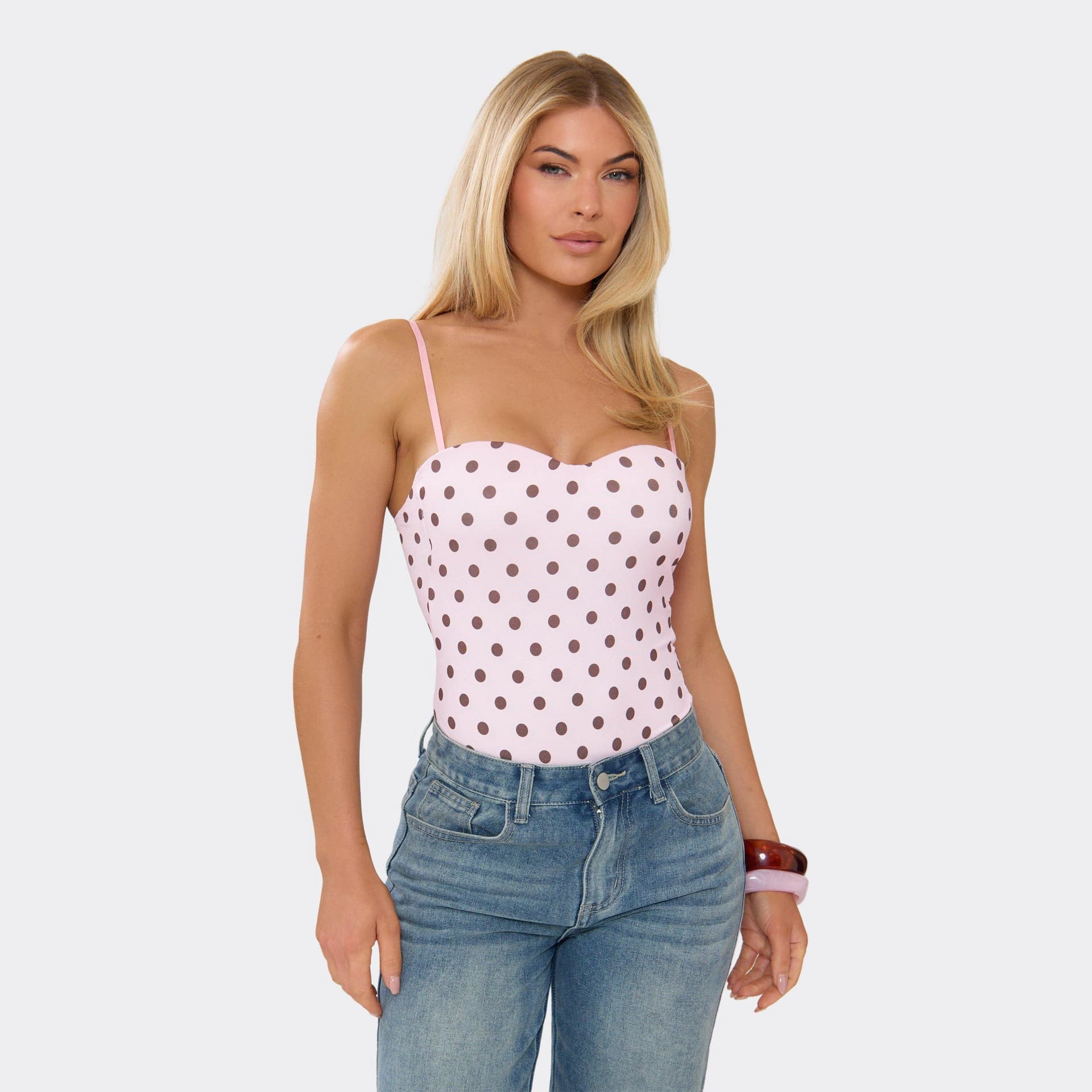 EGO Sweetheart Neck Strappy Bodysuit In Pink Polka Dot., Women's Size UK 6