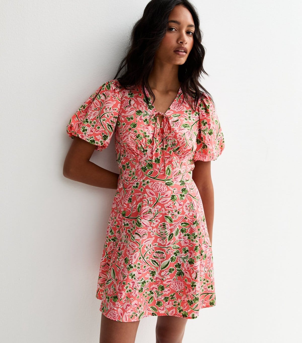 New Look Pink Floral Puff Sleeves Mini Dress