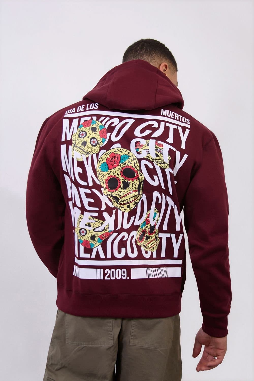 LONDON ATTITUDE LONDON ATTITUDE Men's Burgundy Mexico City Dia De Los Muertos Skull Relax Fit Hoodie