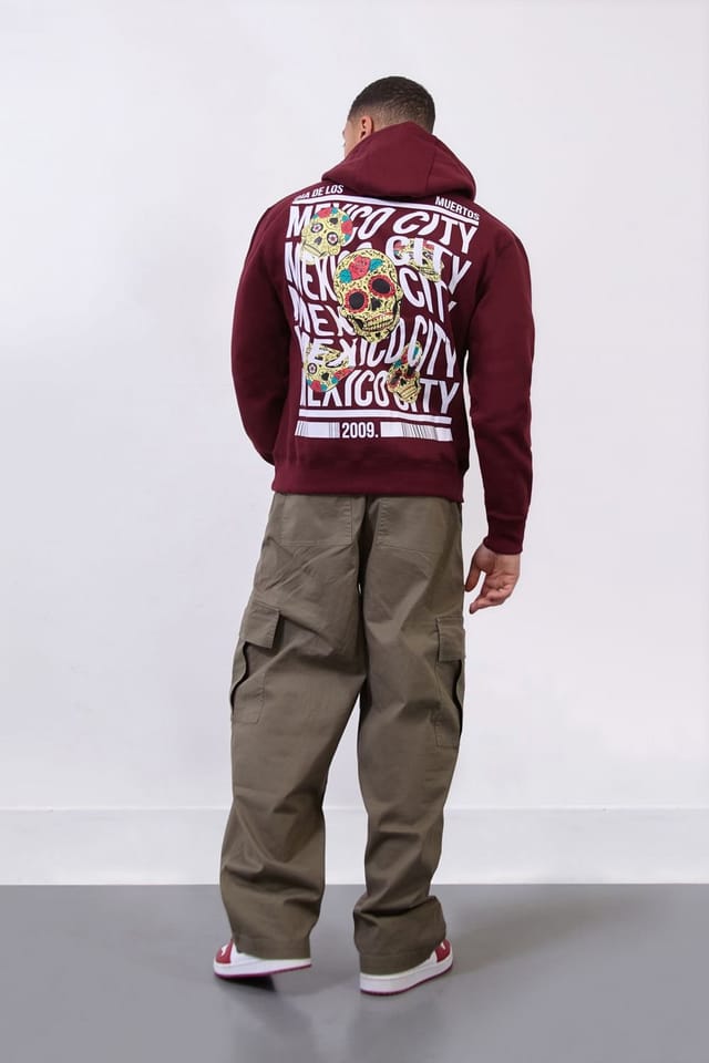 LONDON ATTITUDE LONDON ATTITUDE Men's Burgundy Mexico City Dia De Los Muertos Skull Relax Fit Hoodie - 2