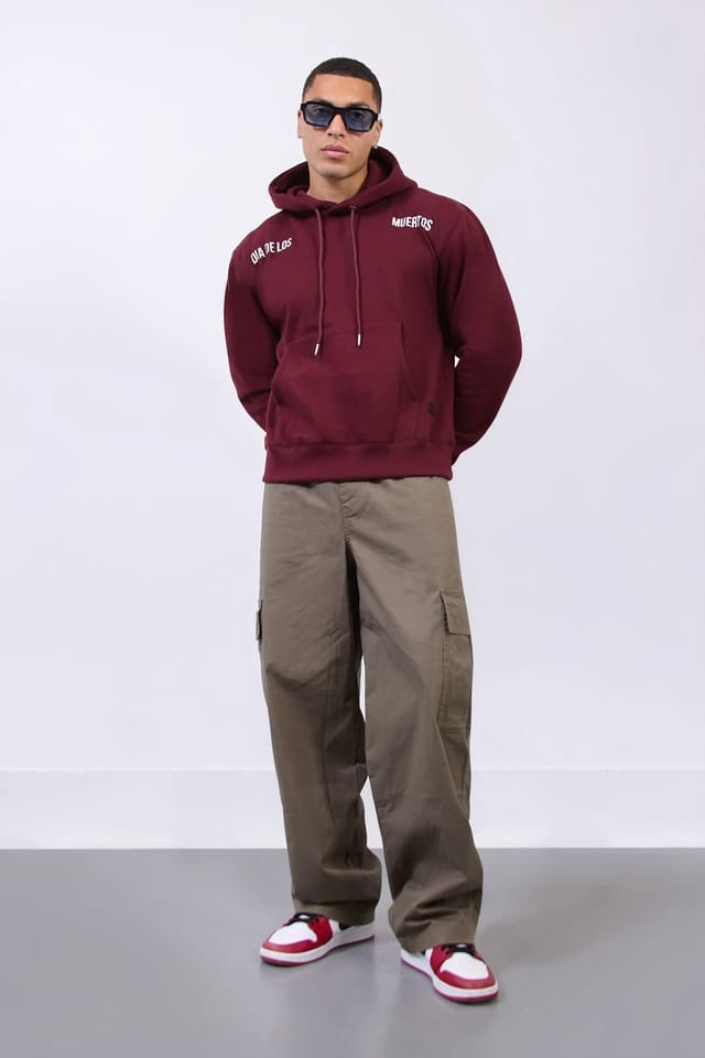 LONDON ATTITUDE LONDON ATTITUDE Men's Burgundy Mexico City Dia De Los Muertos Skull Relax Fit Hoodie - 3
