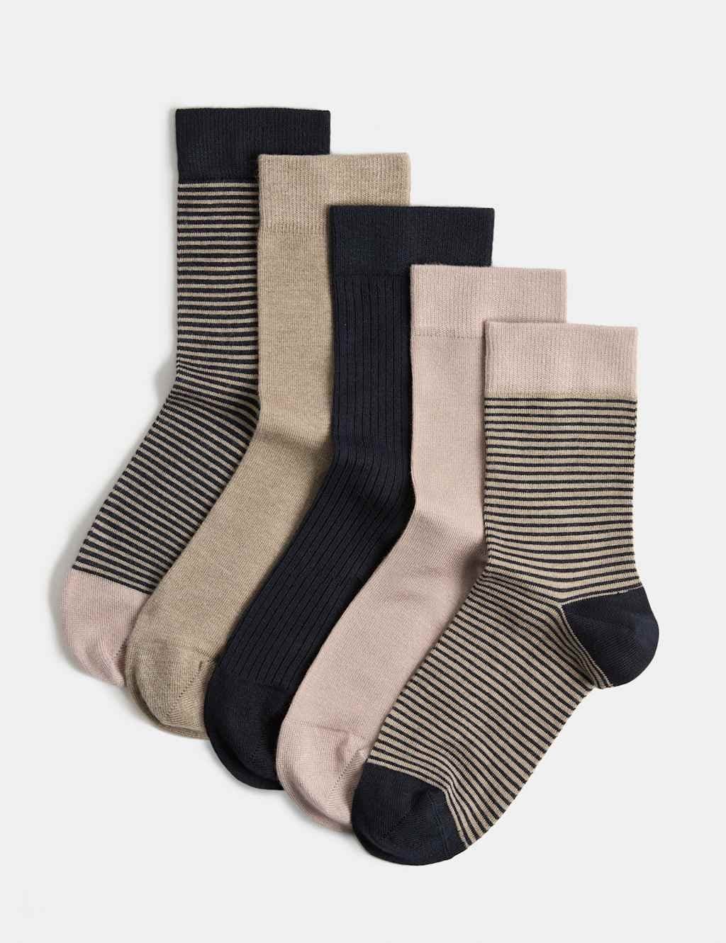 Marks & Spencer M&S 5 Pack Supersoft Patterned Crew Socks Navy Mix
