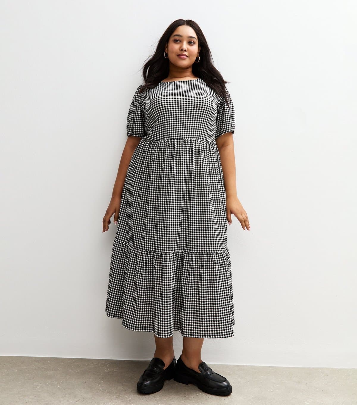 New Look Women's Plus Size Black Gingham Tiered Midi Dress Curves New Look