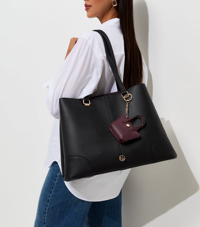 New Look Black Faux Leather Triple Compartment Tote Bag Vegan New Look - 2