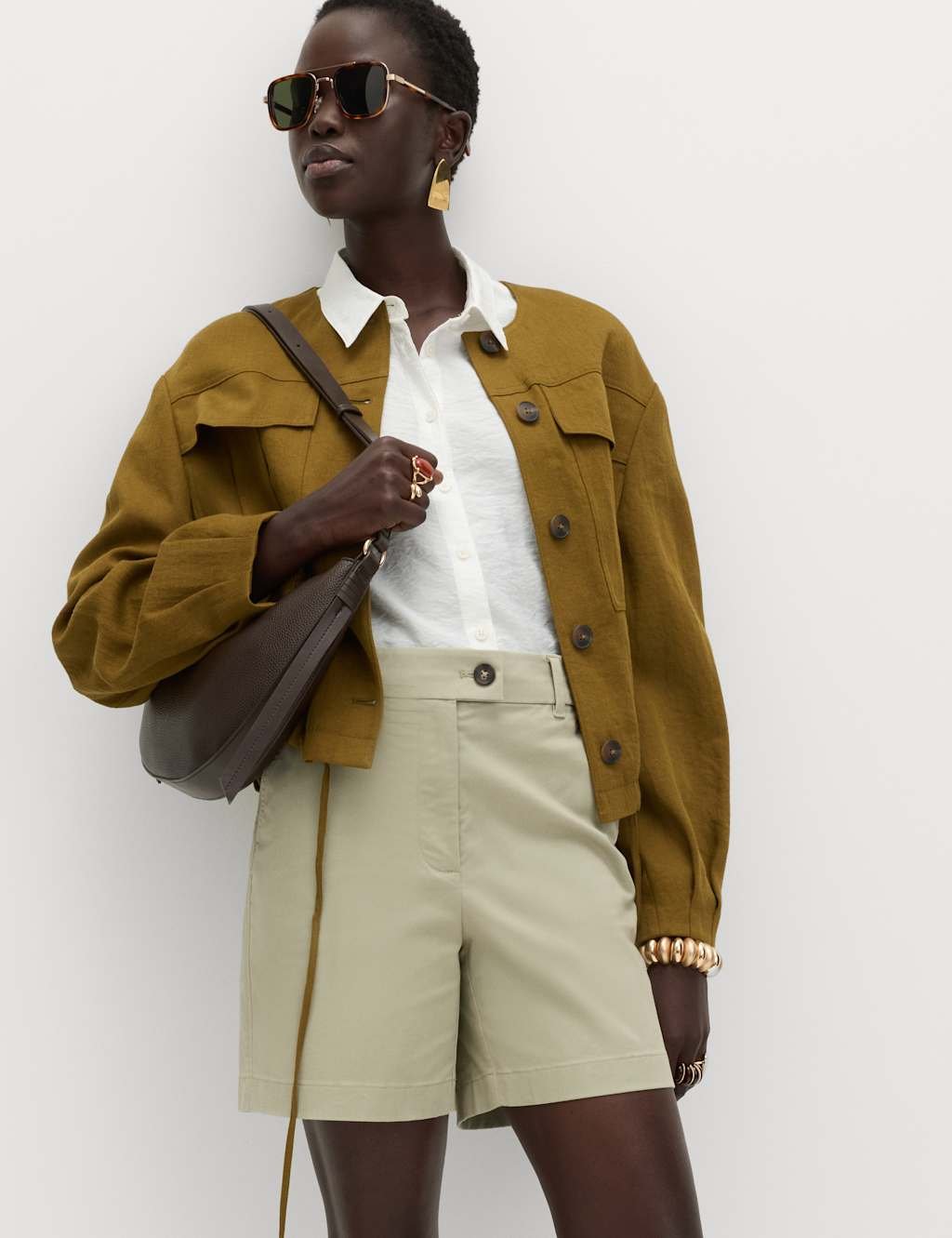 Marks & Spencer M&S Cotton Rich High Waisted Chino Shorts Light Green - 4