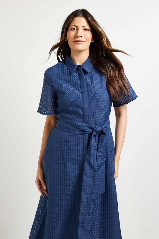 Wallis Wallis Women's Check Organza Belted Midi Shirt Dress in Navy - 2