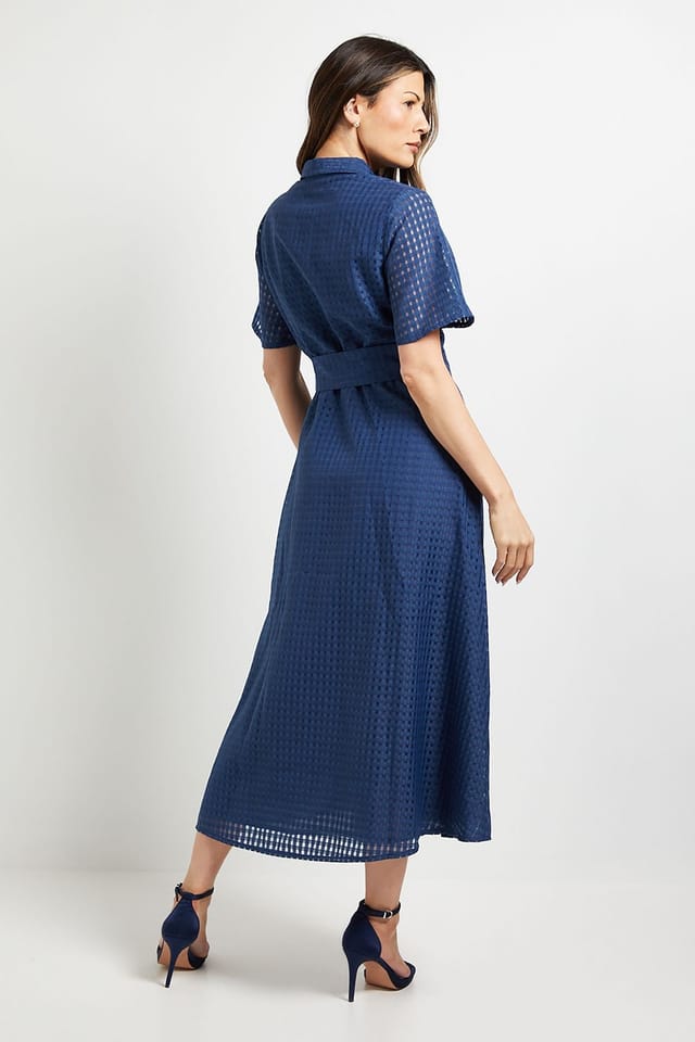 Wallis Wallis Women's Check Organza Belted Midi Shirt Dress in Navy - 3
