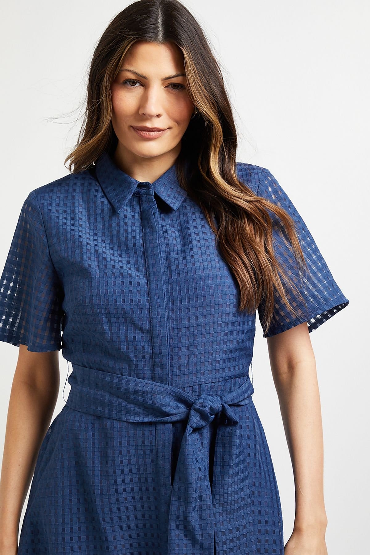 Wallis Wallis Women's Check Organza Belted Midi Shirt Dress in Navy - 4